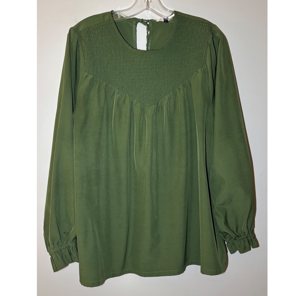 Michelle McDowell Blouse Womens XL Olive Green Smocked Yoke Long Sleeve Top
